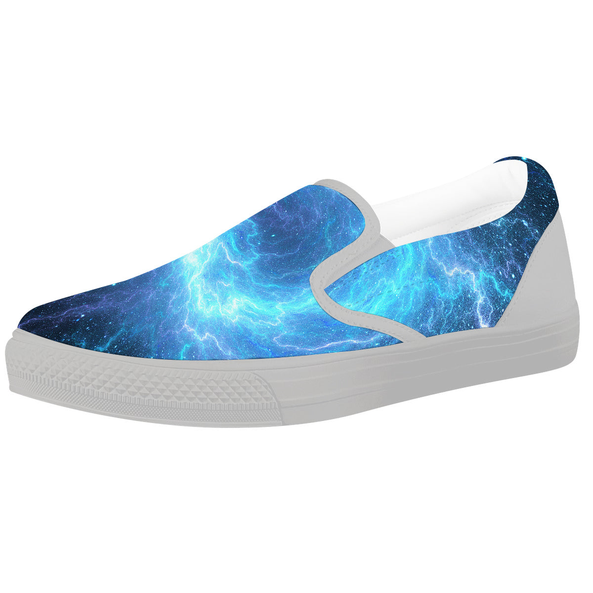 Blue Glowing Giant Lightning In Space Print White Slip On Shoes-grizzshop