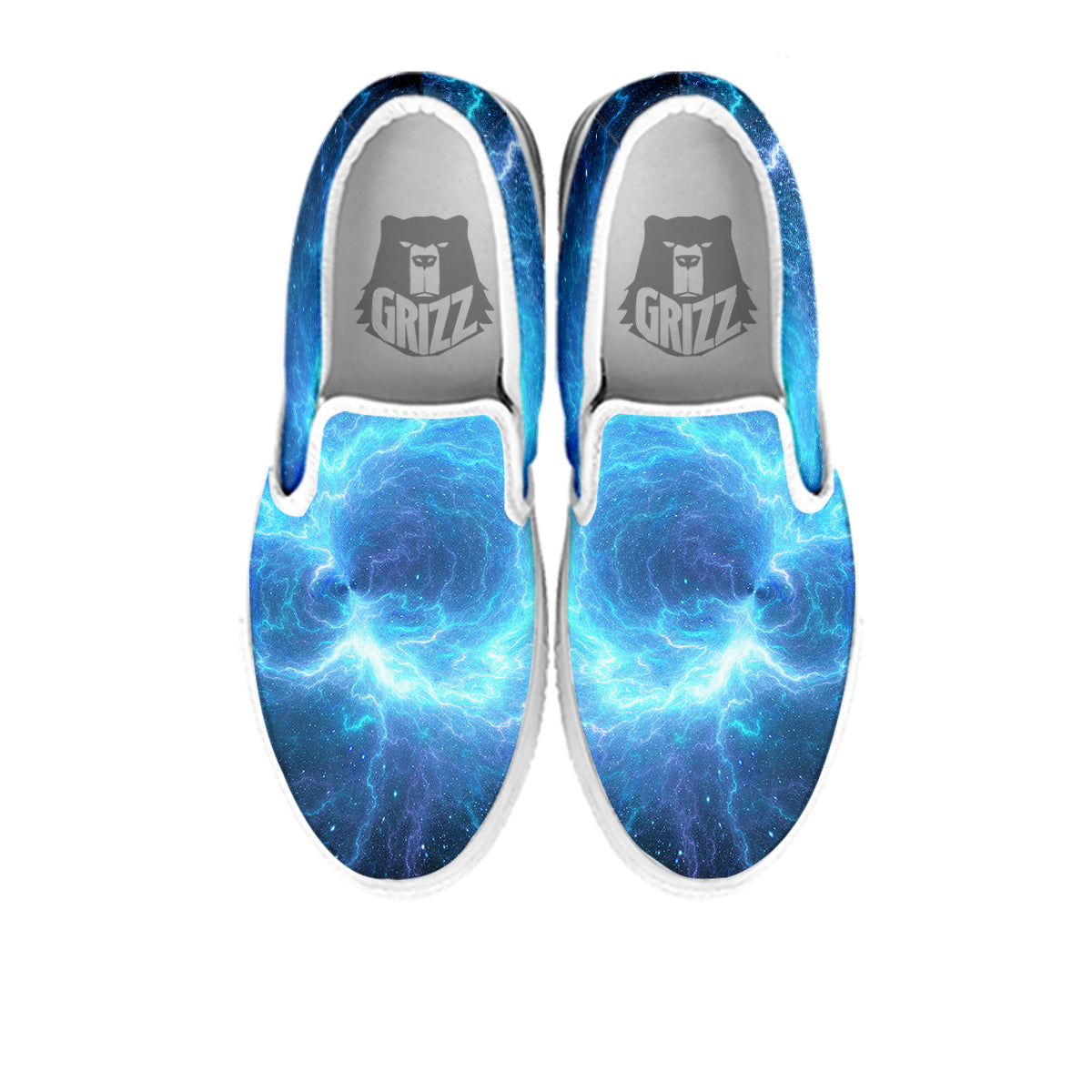 Blue Glowing Giant Lightning In Space Print White Slip On Shoes-grizzshop