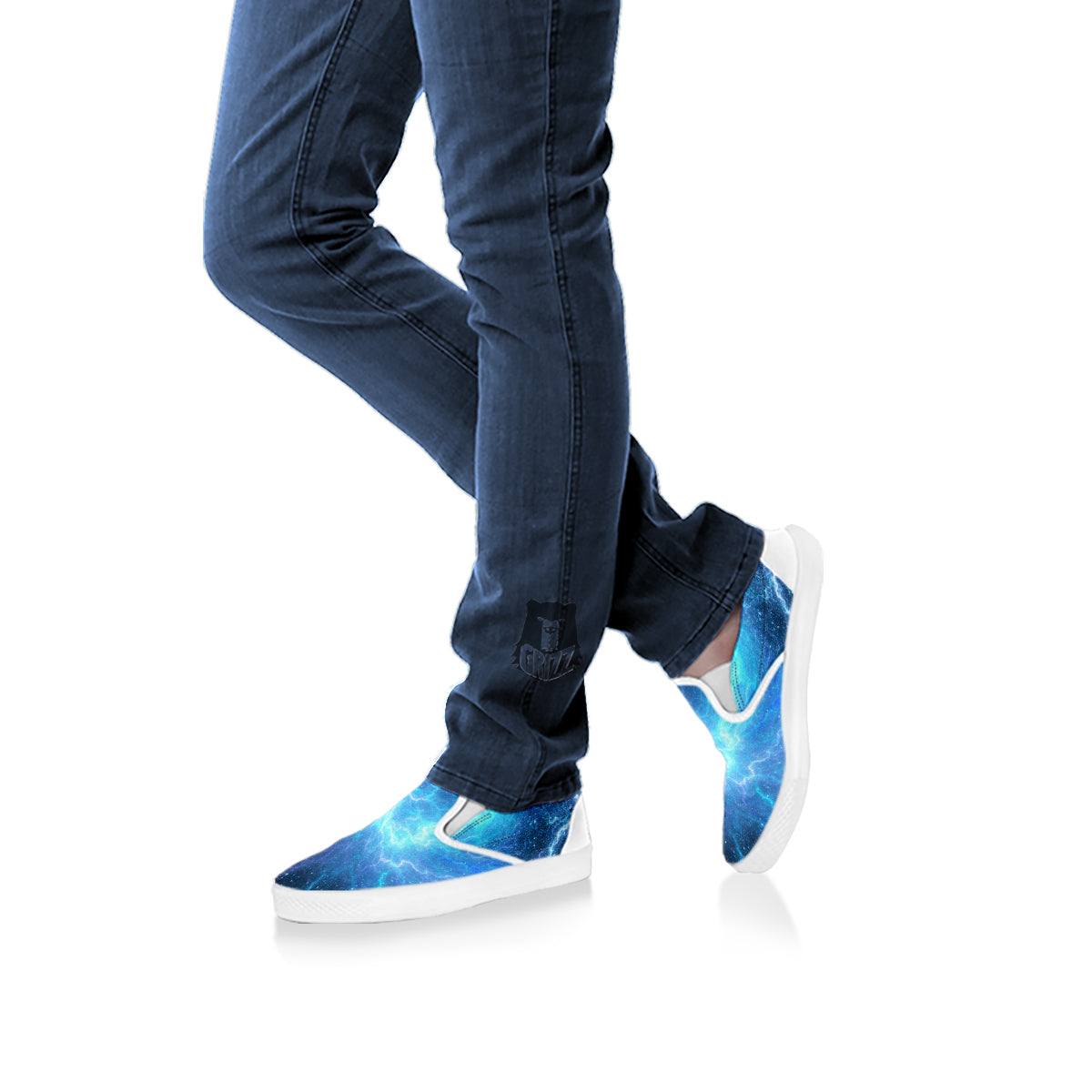 Blue Glowing Giant Lightning In Space Print White Slip On Shoes-grizzshop