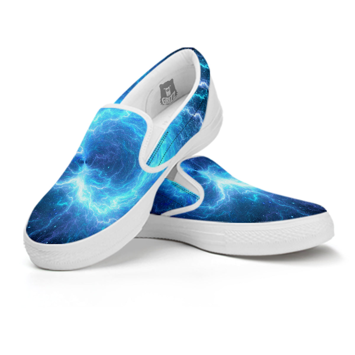 Blue Glowing Giant Lightning In Space Print White Slip On Shoes-grizzshop