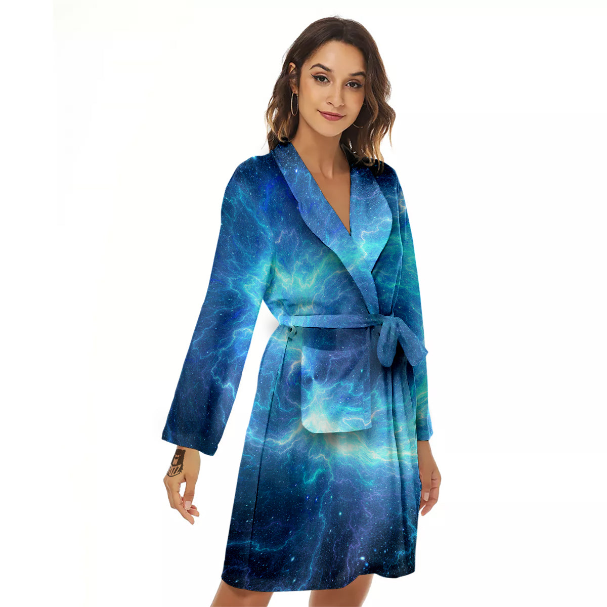Blue Glowing Giant Lightning In Space Print Women's Robe-grizzshop