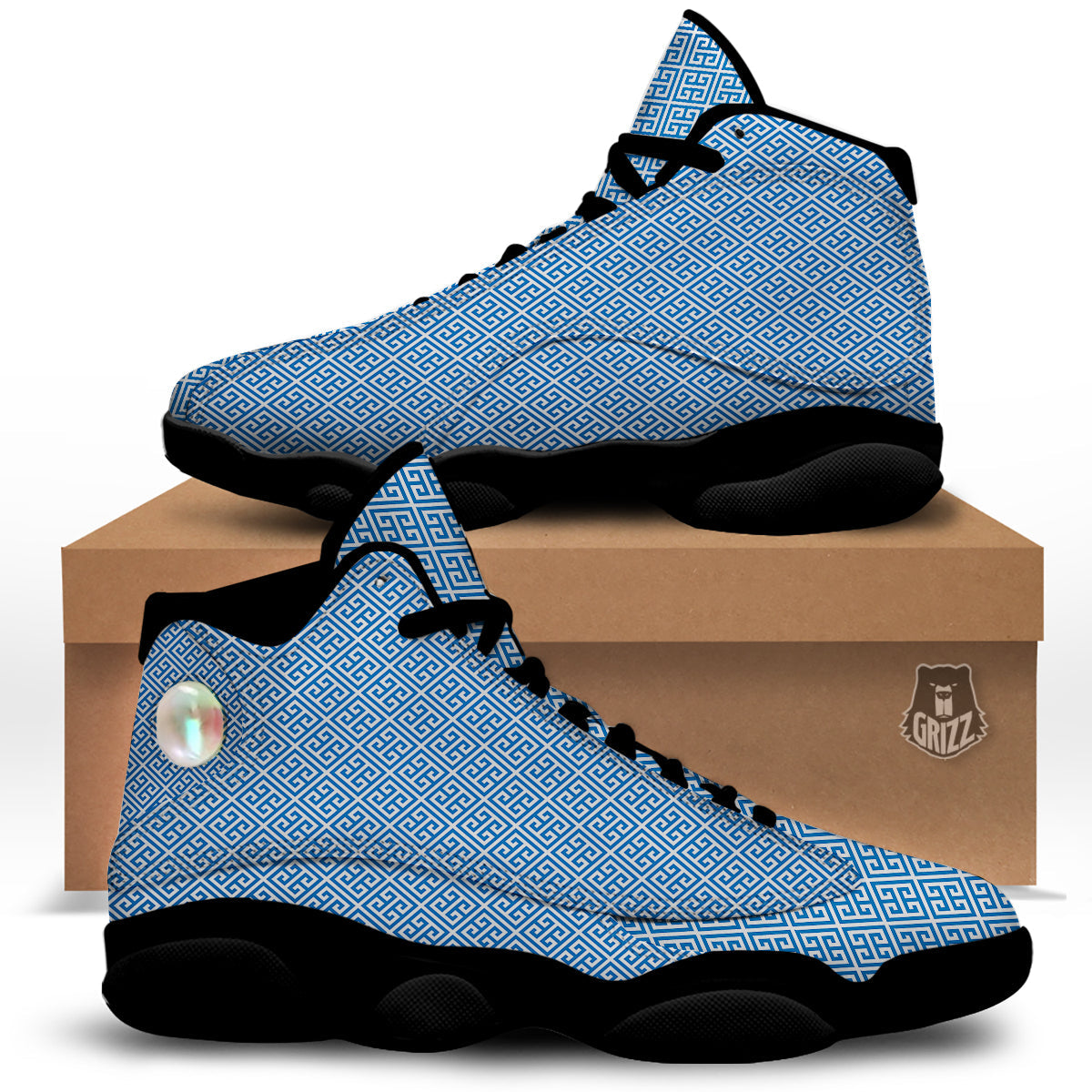 Blue Greek Key Print Pattern Black Basketball Shoes-grizzshop