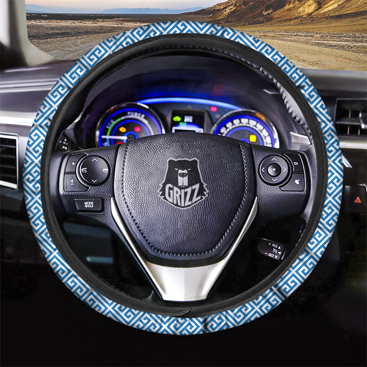Blue Greek Key Print Pattern Car Steering Wheel Cover-grizzshop