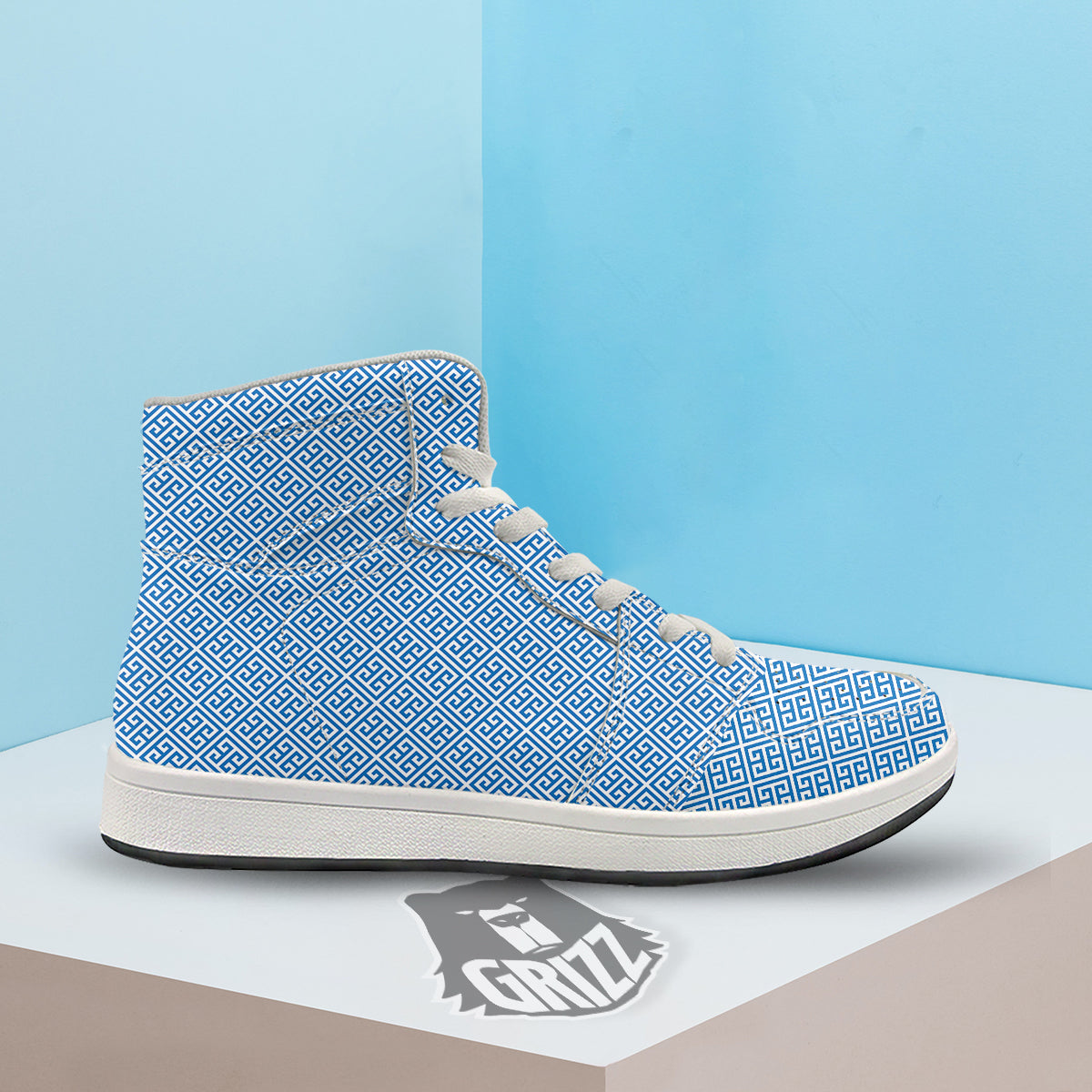 Blue Greek Key Print Pattern High Top Sneakers-grizzshop