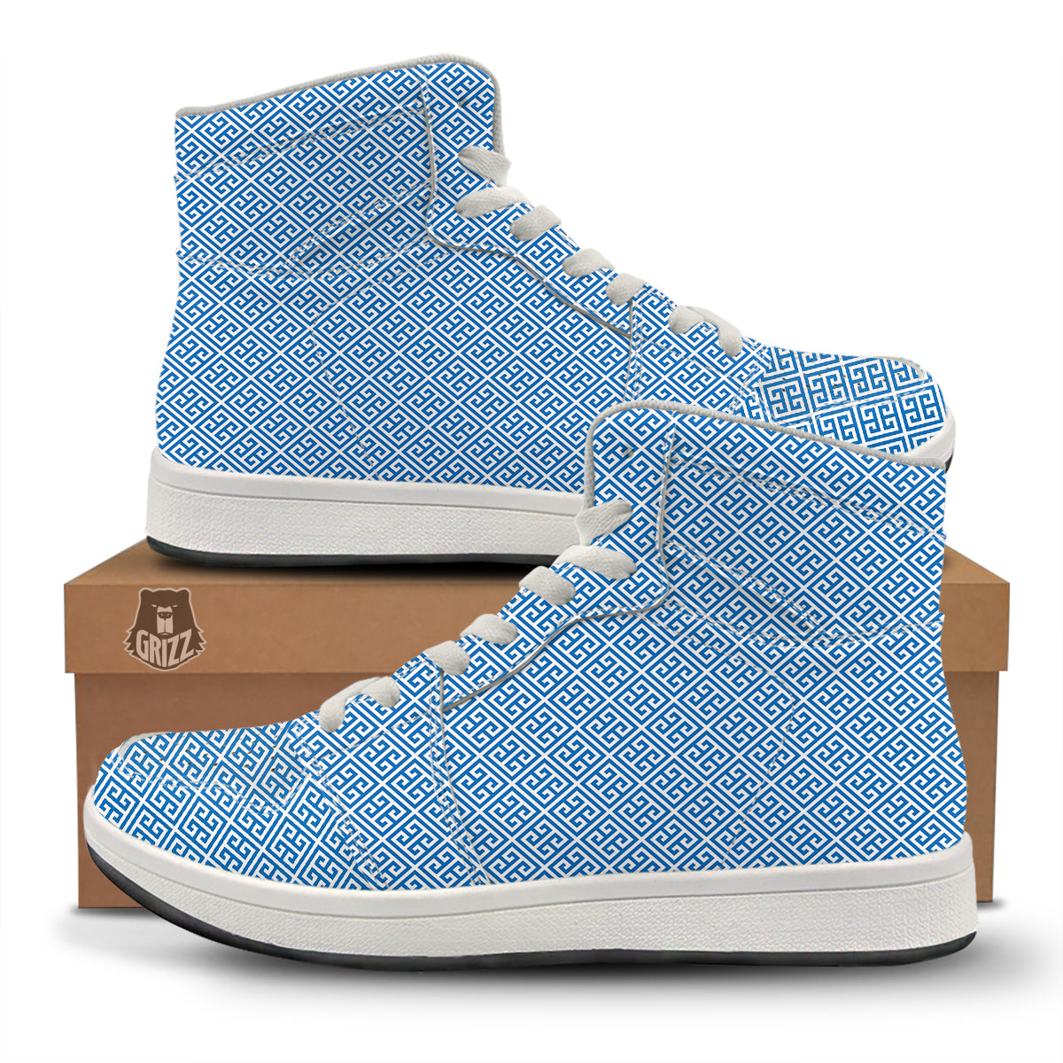 Blue Greek Key Print Pattern High Top Sneakers-grizzshop