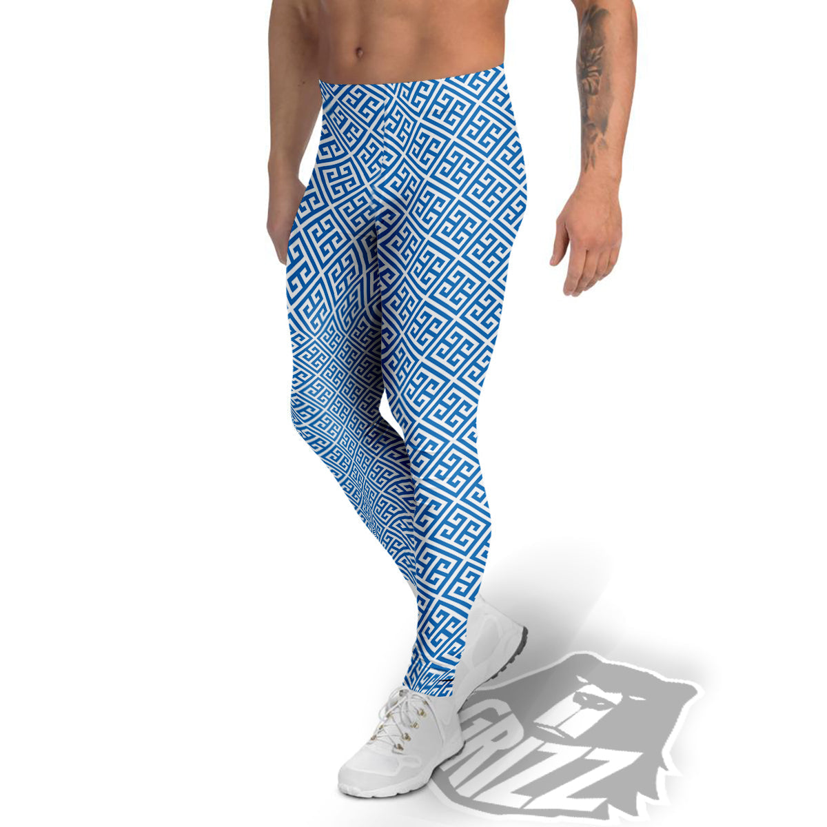 Blue Greek Key Print Pattern Men's Leggings-grizzshop