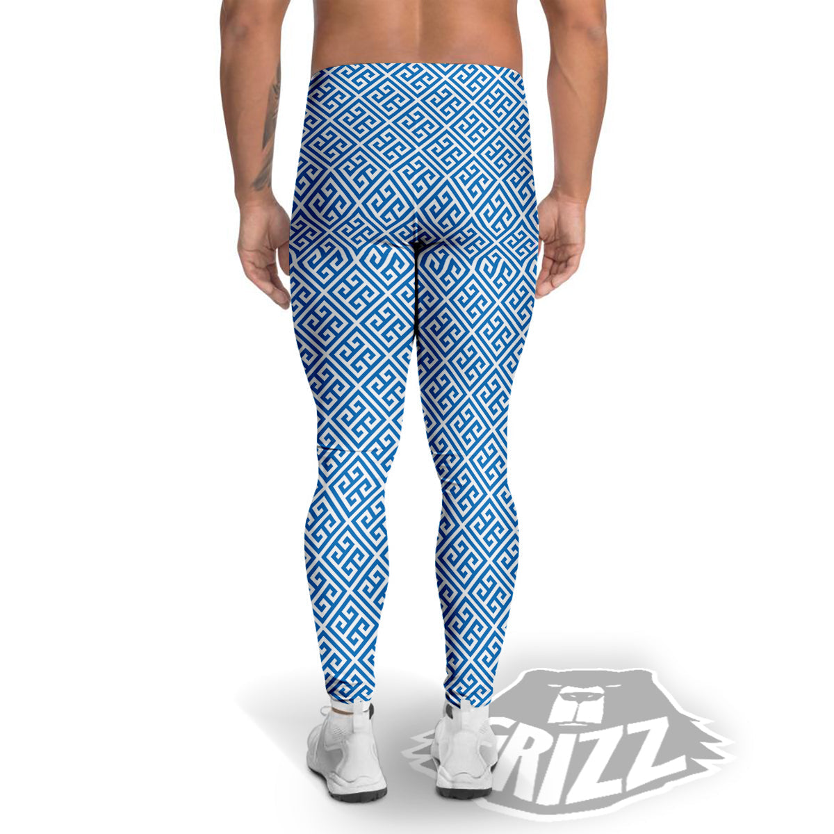 Blue Greek Key Print Pattern Men's Leggings-grizzshop