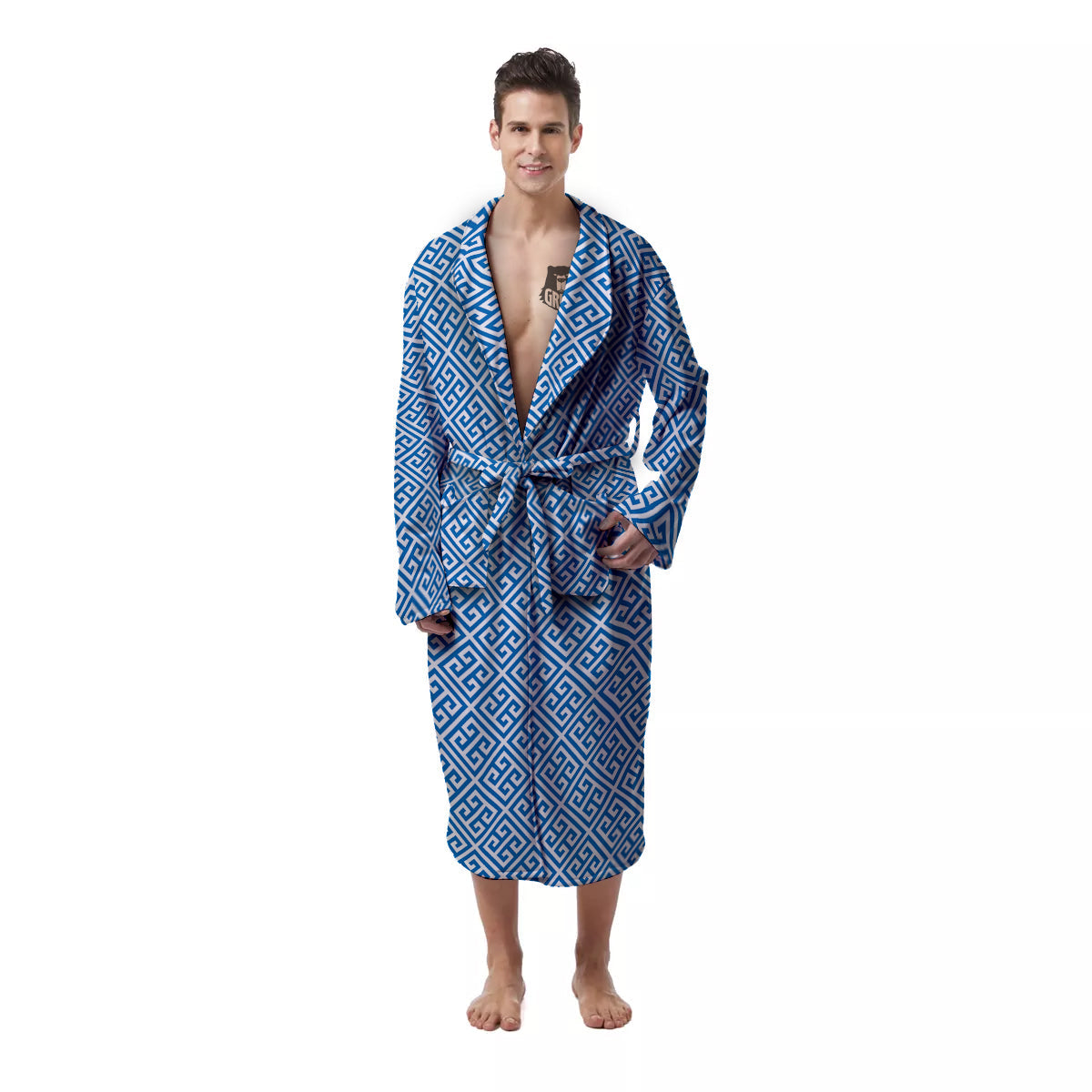 Blue Greek Key Print Pattern Men's Robe-grizzshop