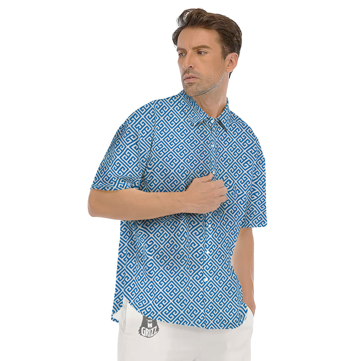 Blue Greek Key Print Pattern Men's Short Sleeve Shirts-grizzshop