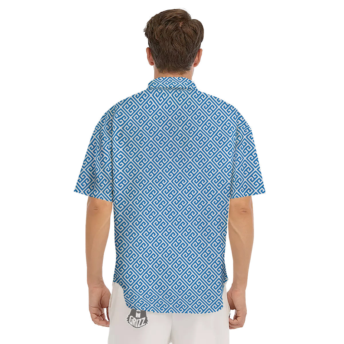 Blue Greek Key Print Pattern Men's Short Sleeve Shirts-grizzshop