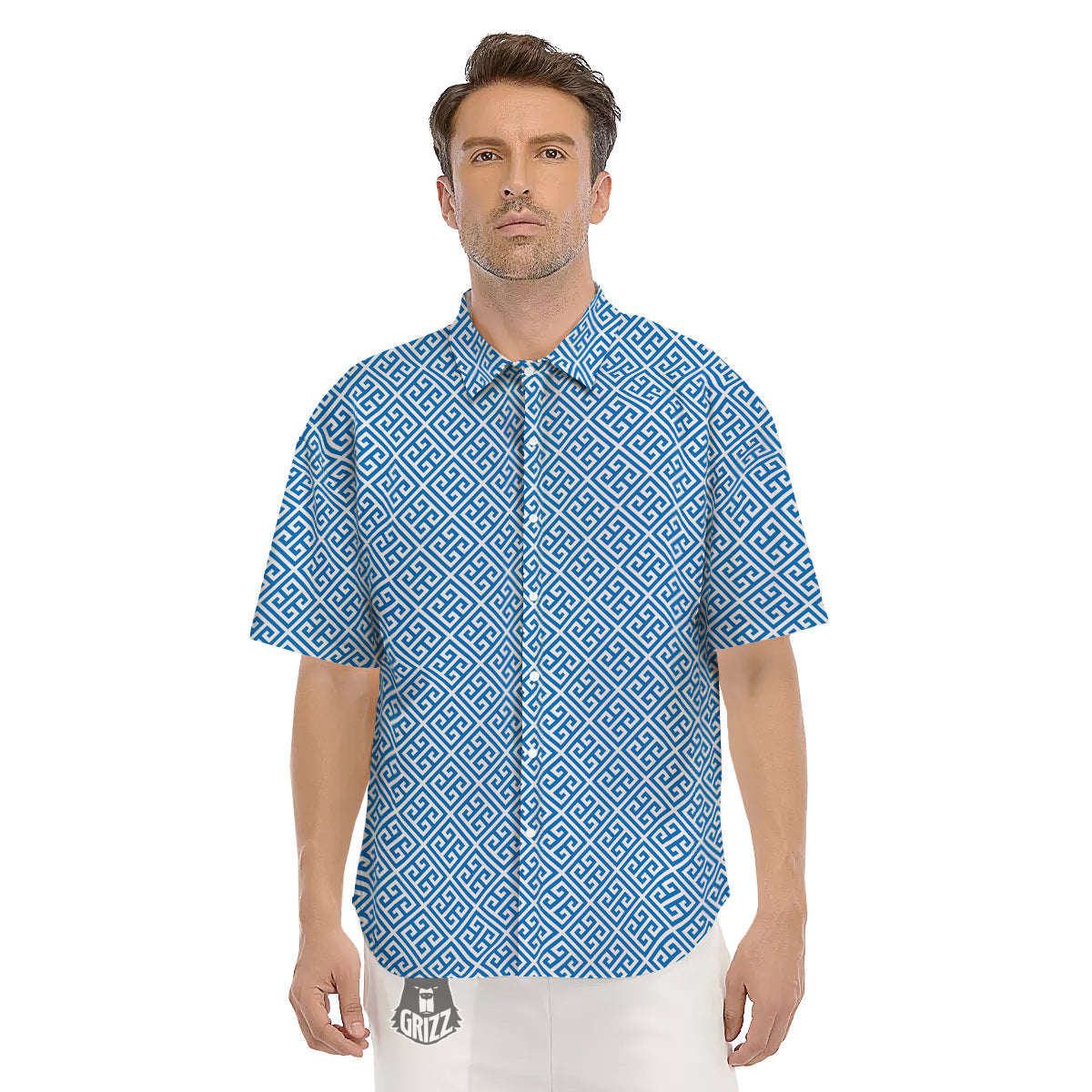 Blue Greek Key Print Pattern Men's Short Sleeve Shirts-grizzshop