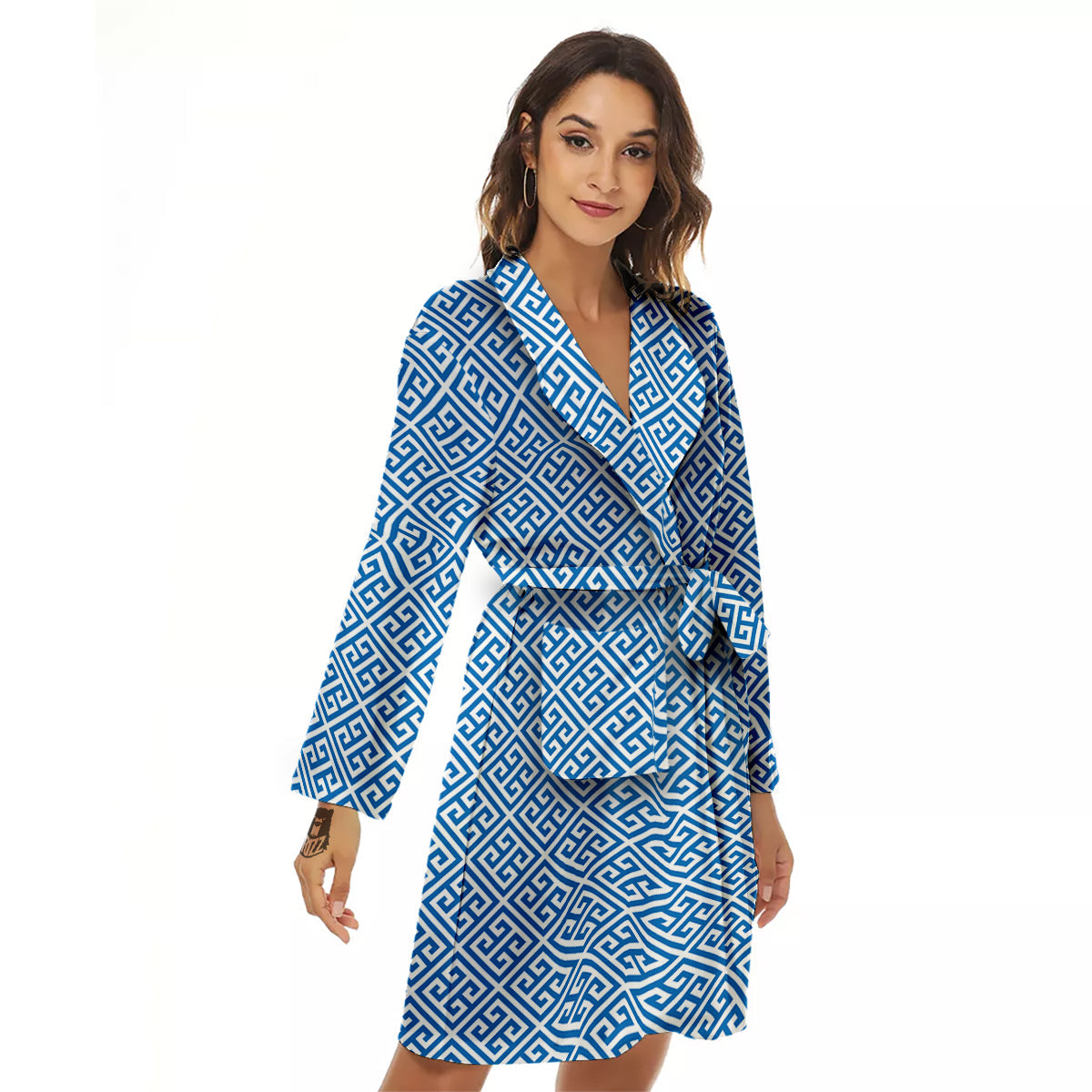 Blue Greek Key Print Pattern Women's Robe-grizzshop