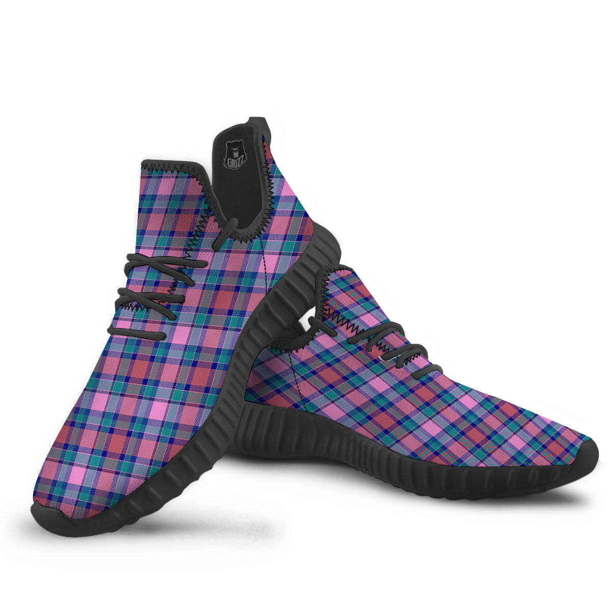 Blue Green And Pink Tartan Print Pattern Black Walking Shoes-grizzshop