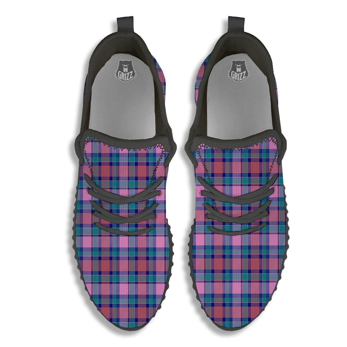 Blue Green And Pink Tartan Print Pattern Black Walking Shoes-grizzshop