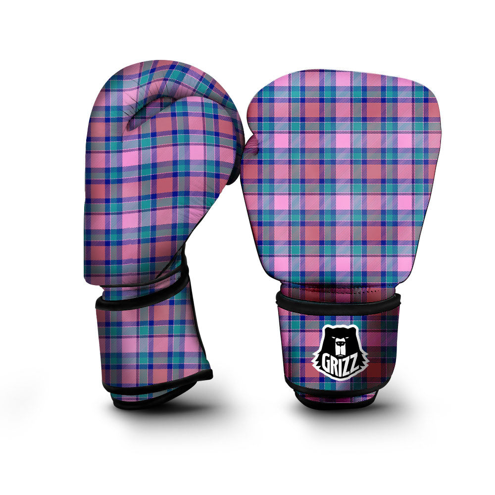 Blue Green And Pink Tartan Print Pattern Boxing Gloves-grizzshop
