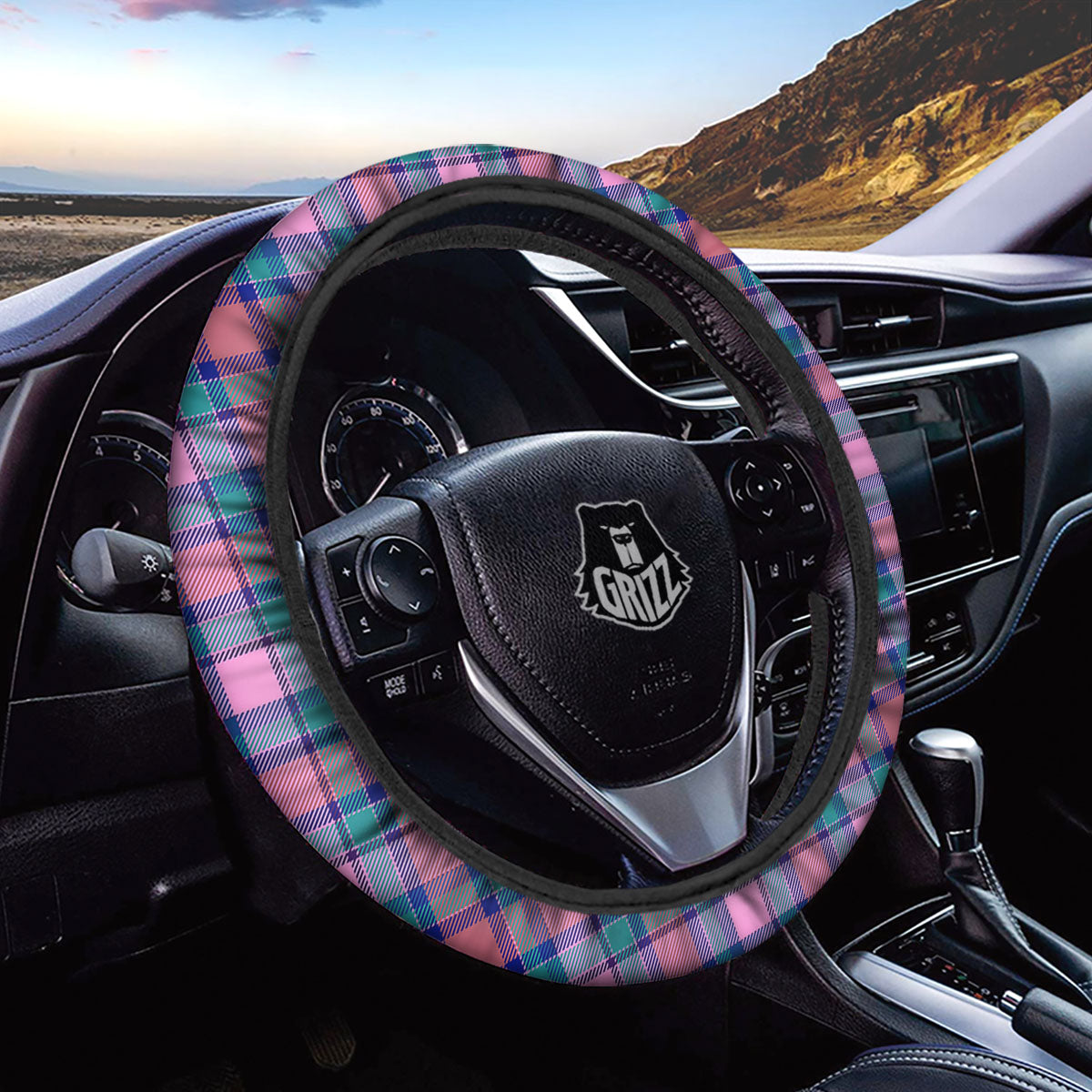 Blue Green And Pink Tartan Print Pattern Car Steering Wheel Cover-grizzshop