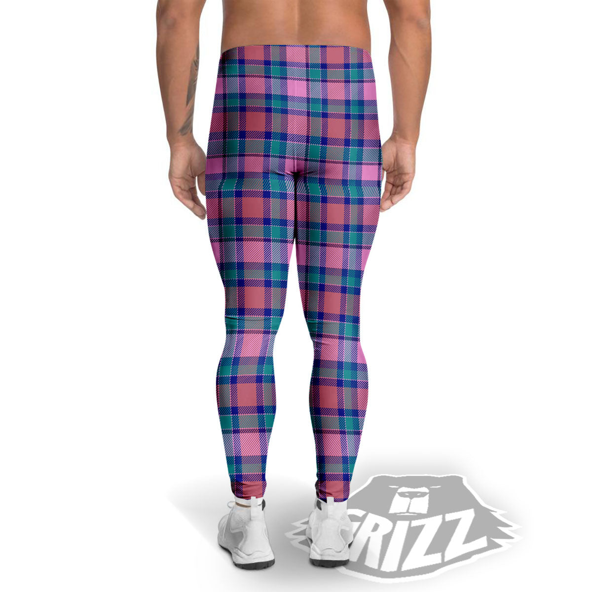 Blue Green And Pink Tartan Print Pattern Men's Leggings-grizzshop