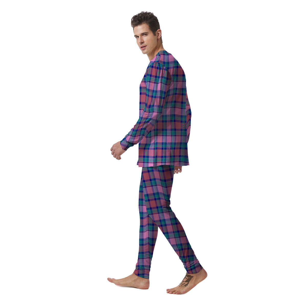 Blue Green And Pink Tartan Print Pattern Men's Pajamas-grizzshop