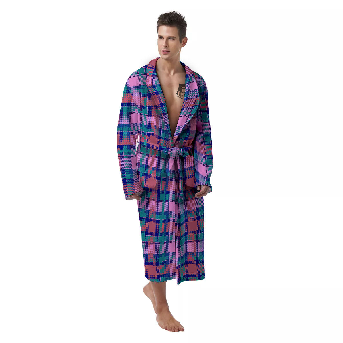 Blue Green And Pink Tartan Print Pattern Men's Robe-grizzshop