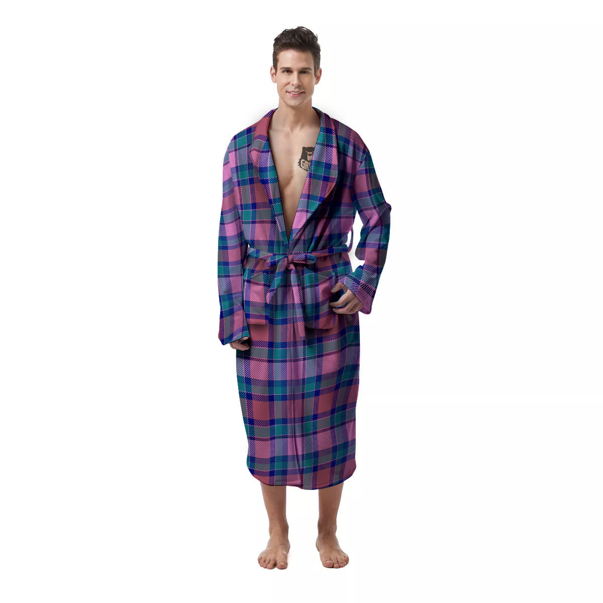 Blue Green And Pink Tartan Print Pattern Men's Robe-grizzshop