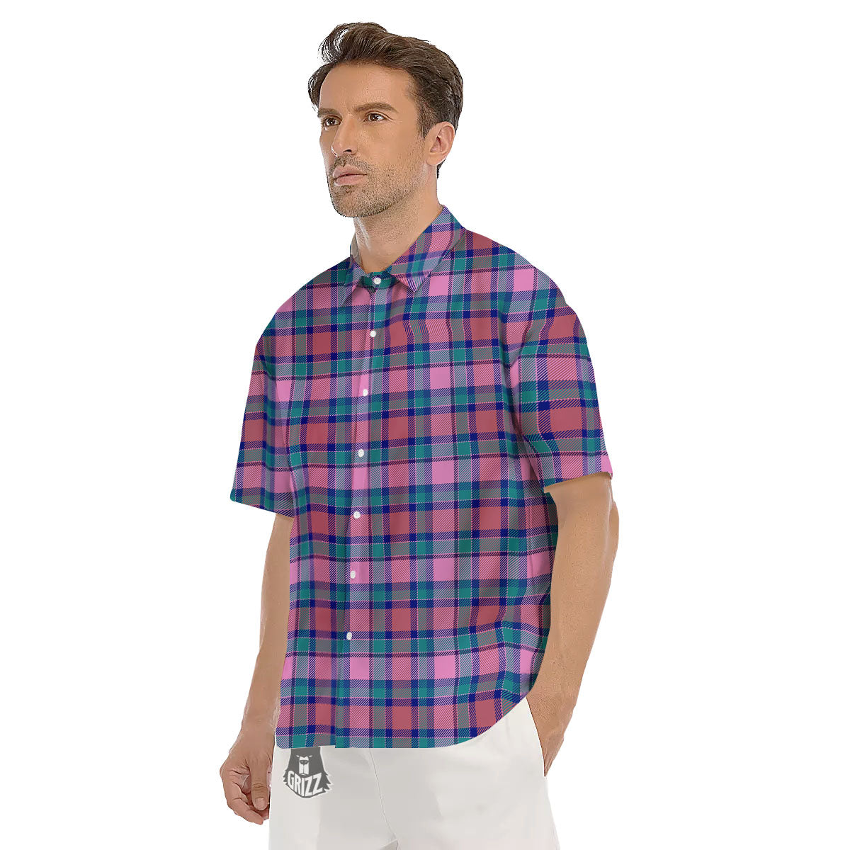 Blue Green And Pink Tartan Print Pattern Men's Short Sleeve Shirts-grizzshop