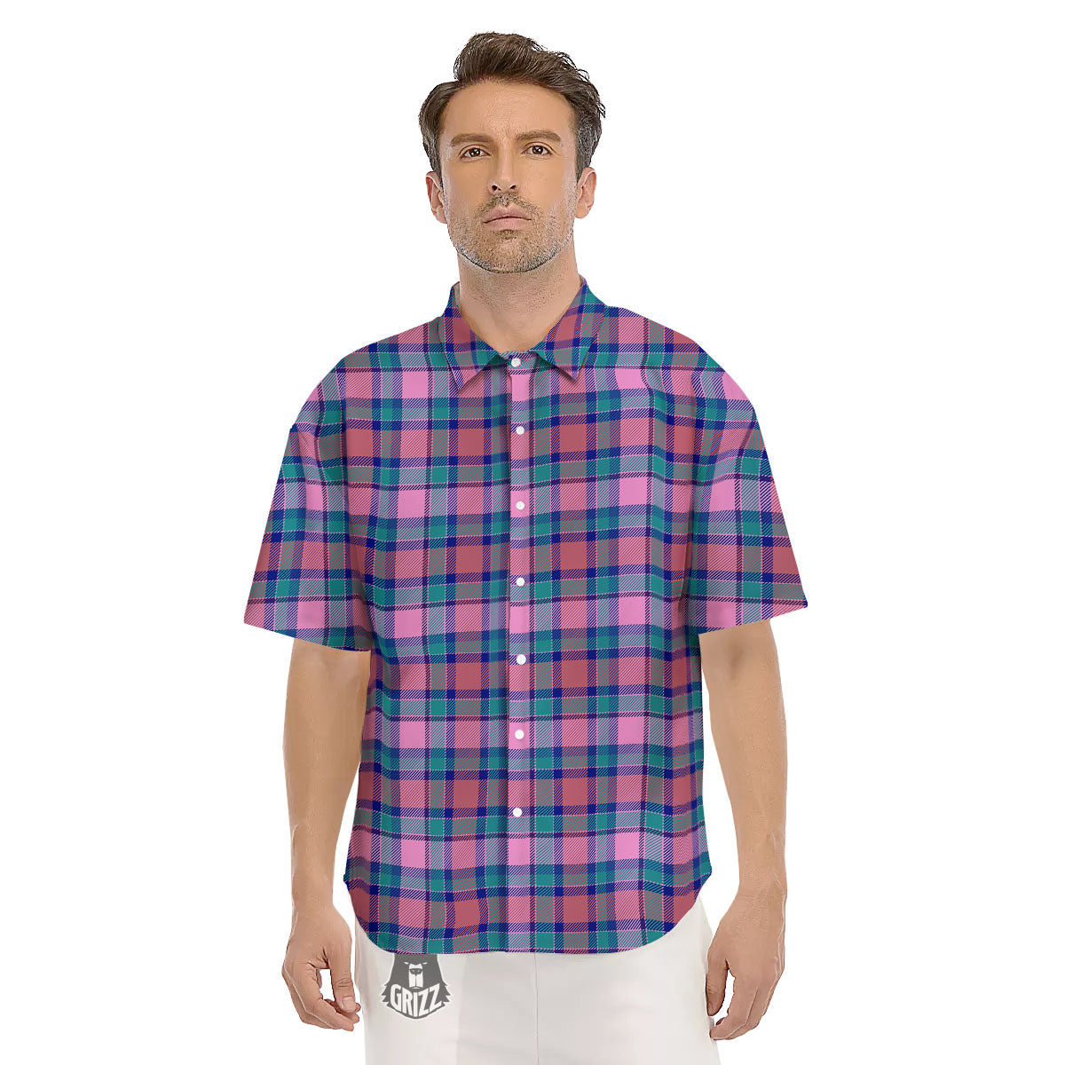 Blue Green And Pink Tartan Print Pattern Men's Short Sleeve Shirts-grizzshop