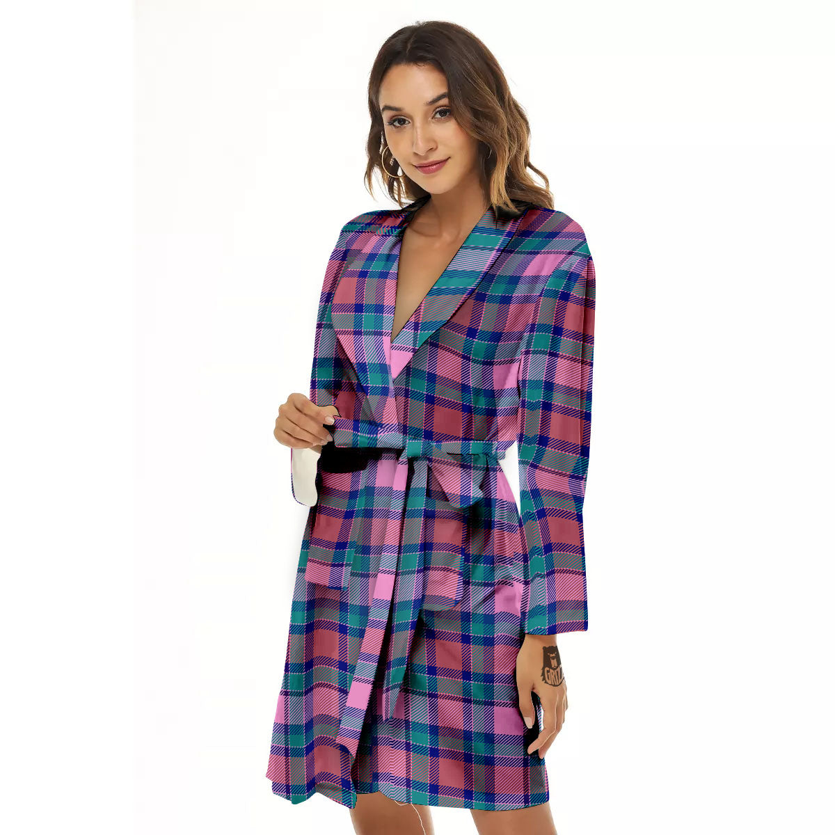 Blue Green And Pink Tartan Print Pattern Women's Robe-grizzshop