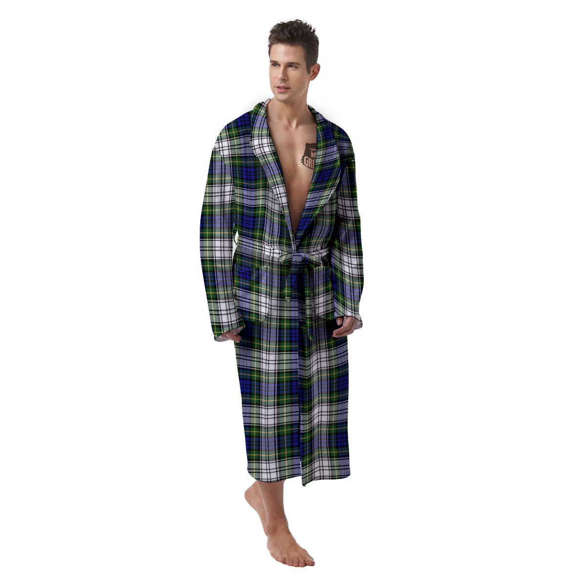 Blue Green And White Plaid Print Pattern Men's Robe-grizzshop