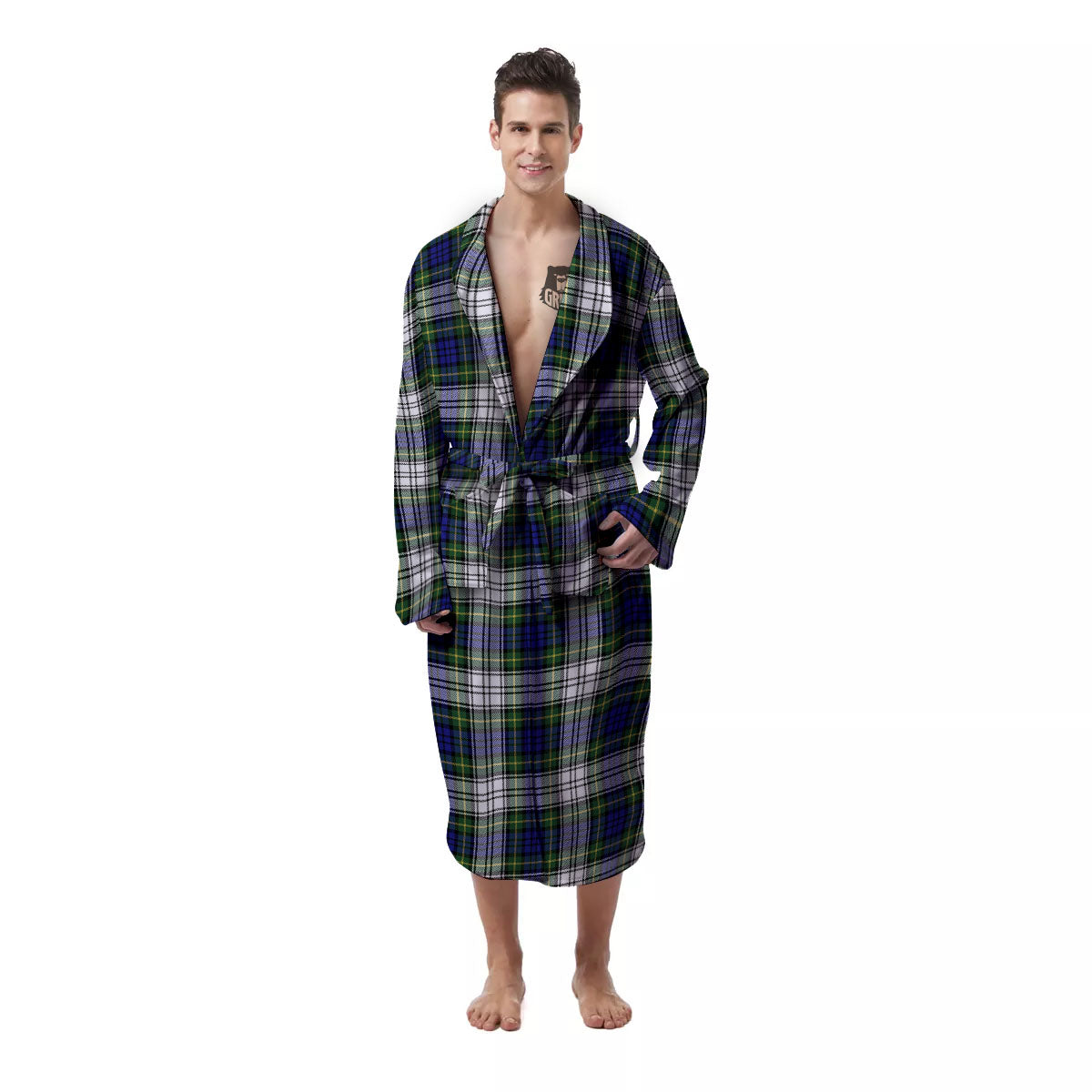 Blue Green And White Plaid Print Pattern Men's Robe-grizzshop