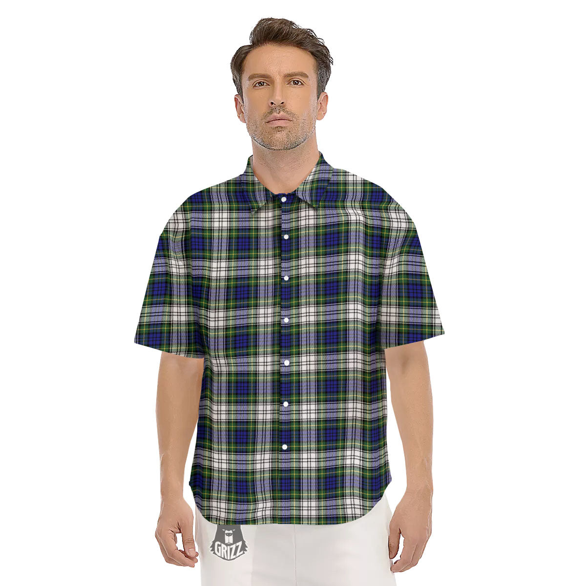 Blue Green And White Plaid Print Pattern Men's Short Sleeve Shirts-grizzshop