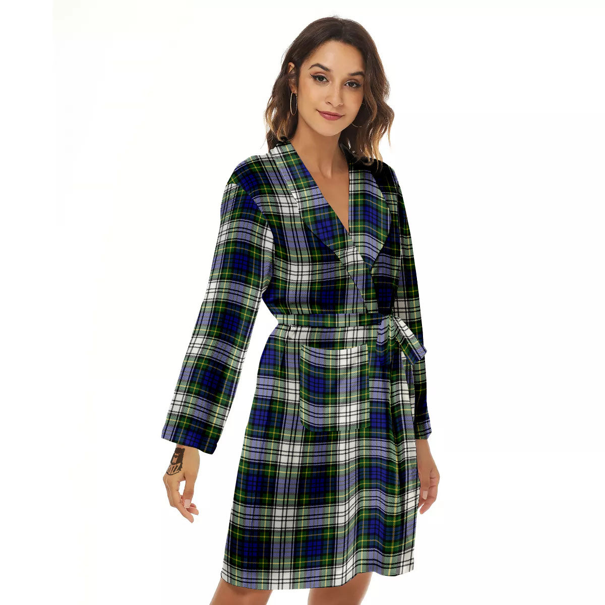 Blue Green And White Plaid Print Pattern Women's Robe-grizzshop