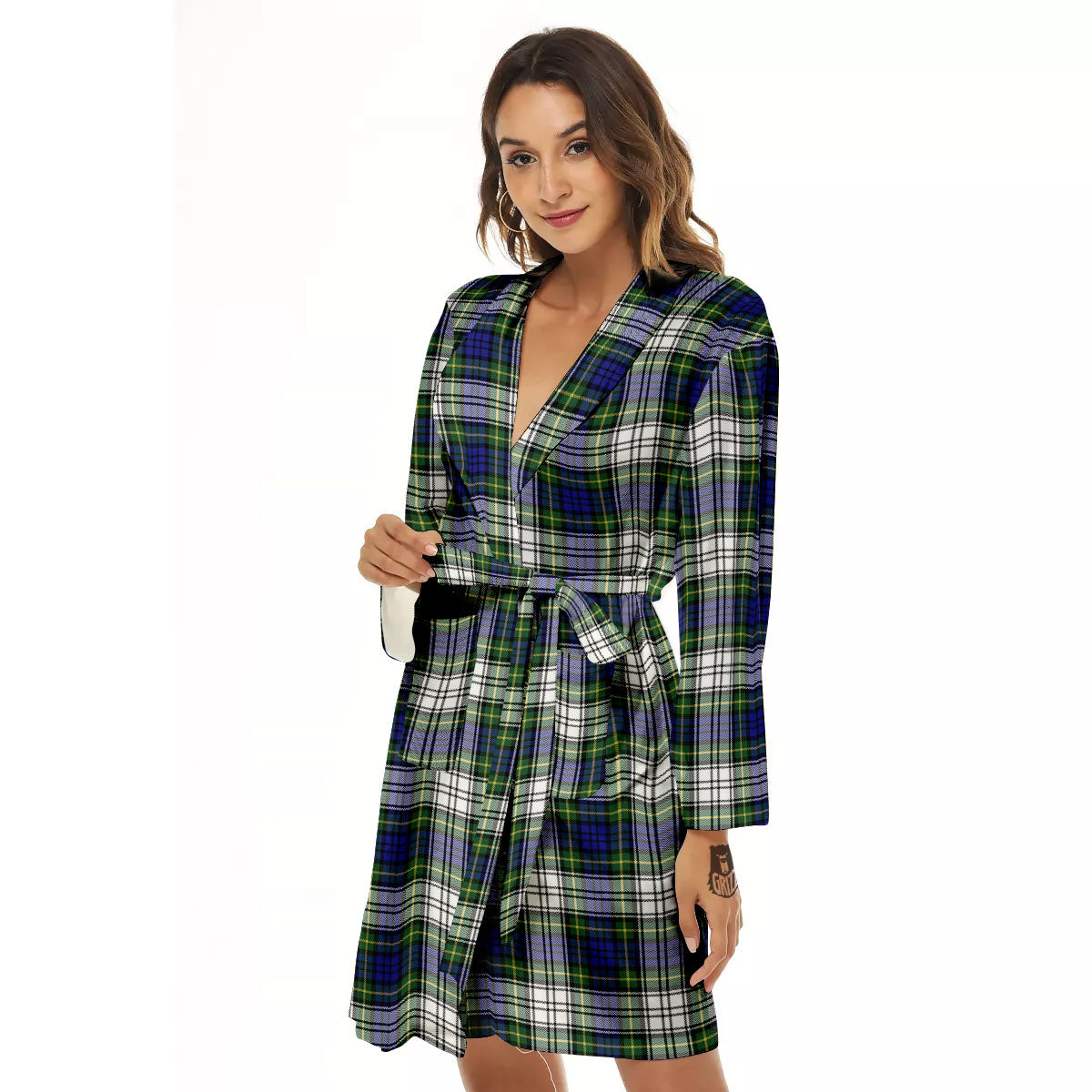 Blue Green And White Plaid Print Pattern Women's Robe-grizzshop