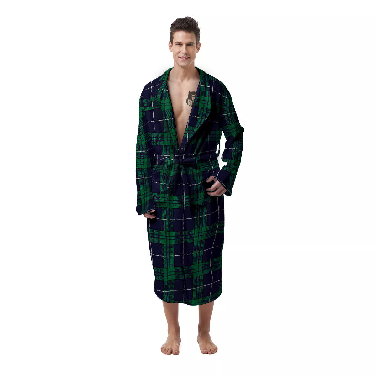 Blue Green And White Tartan Print Men's Robe-grizzshop