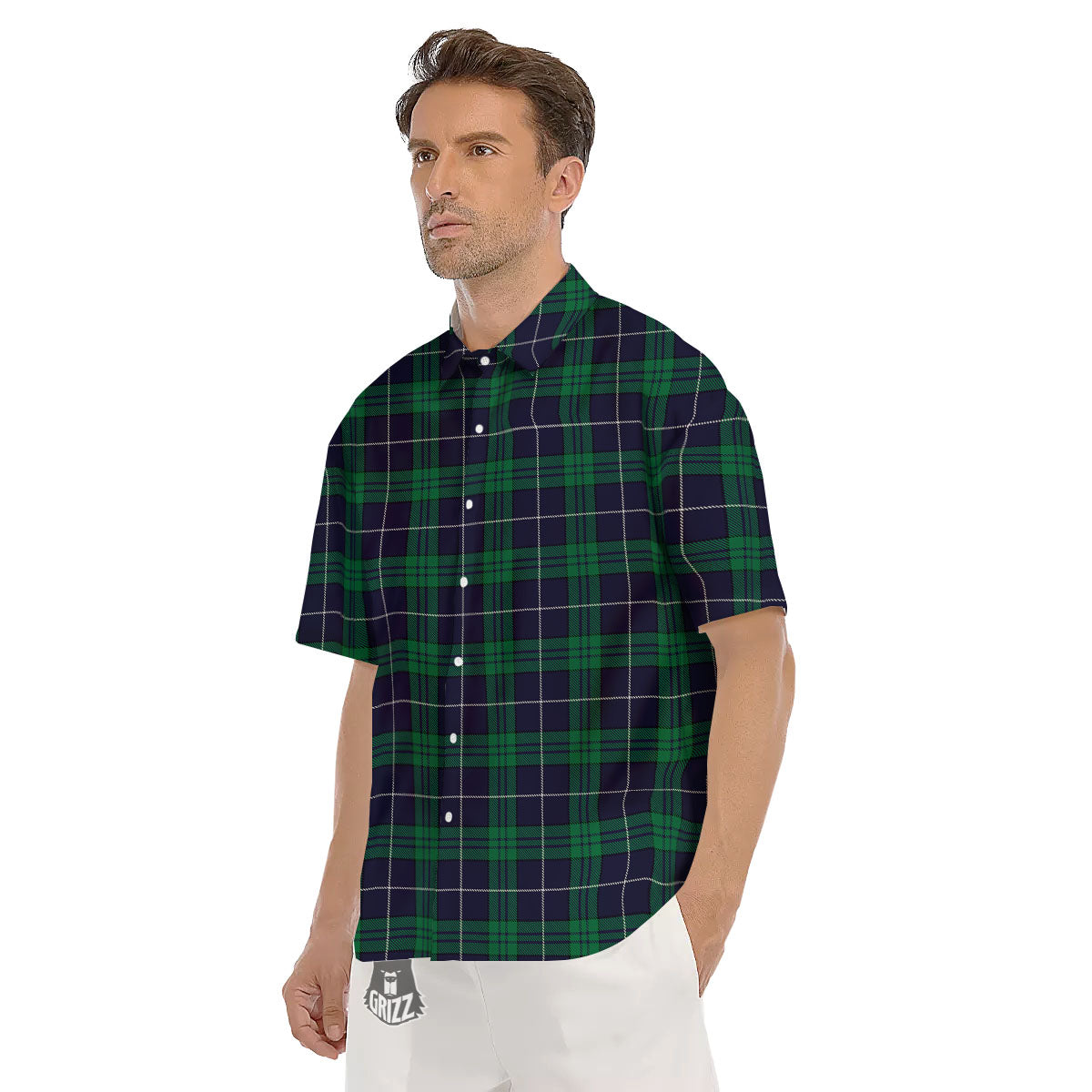 Blue Green And White Tartan Print Men's Short Sleeve Shirts-grizzshop