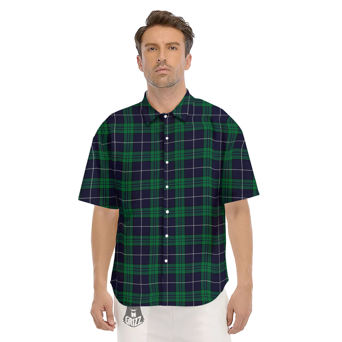 Blue Green And White Tartan Print Men's Short Sleeve Shirts-grizzshop