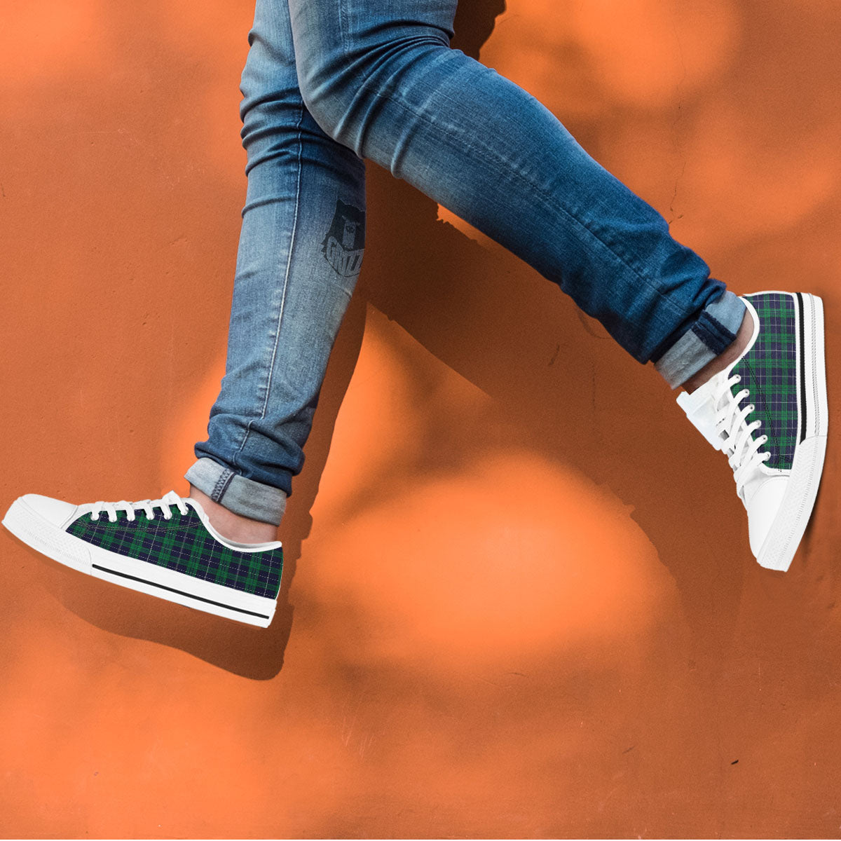 Blue Green And White Tartan Print White Low Top Shoes-grizzshop