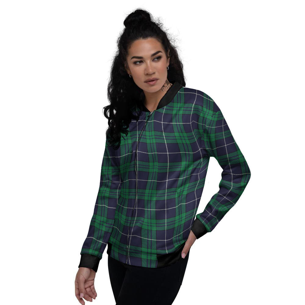 Blue Green And White Tartan Print Women's Bomber Jacket-grizzshop
