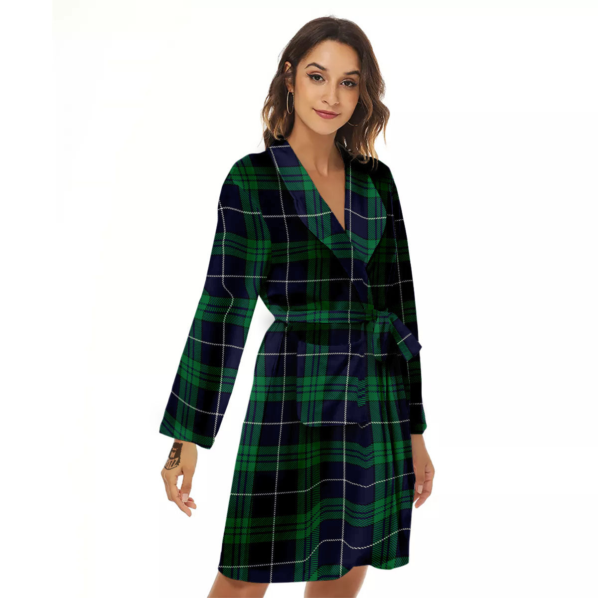 Blue Green And White Tartan Print Women's Robe-grizzshop