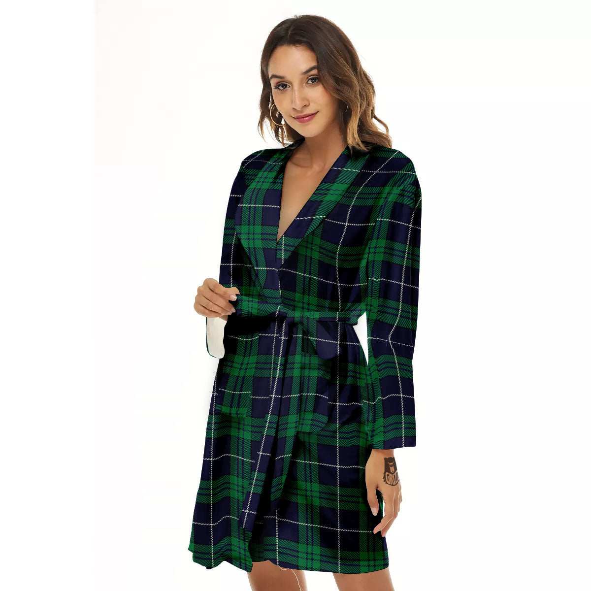 Blue Green And White Tartan Print Women's Robe-grizzshop