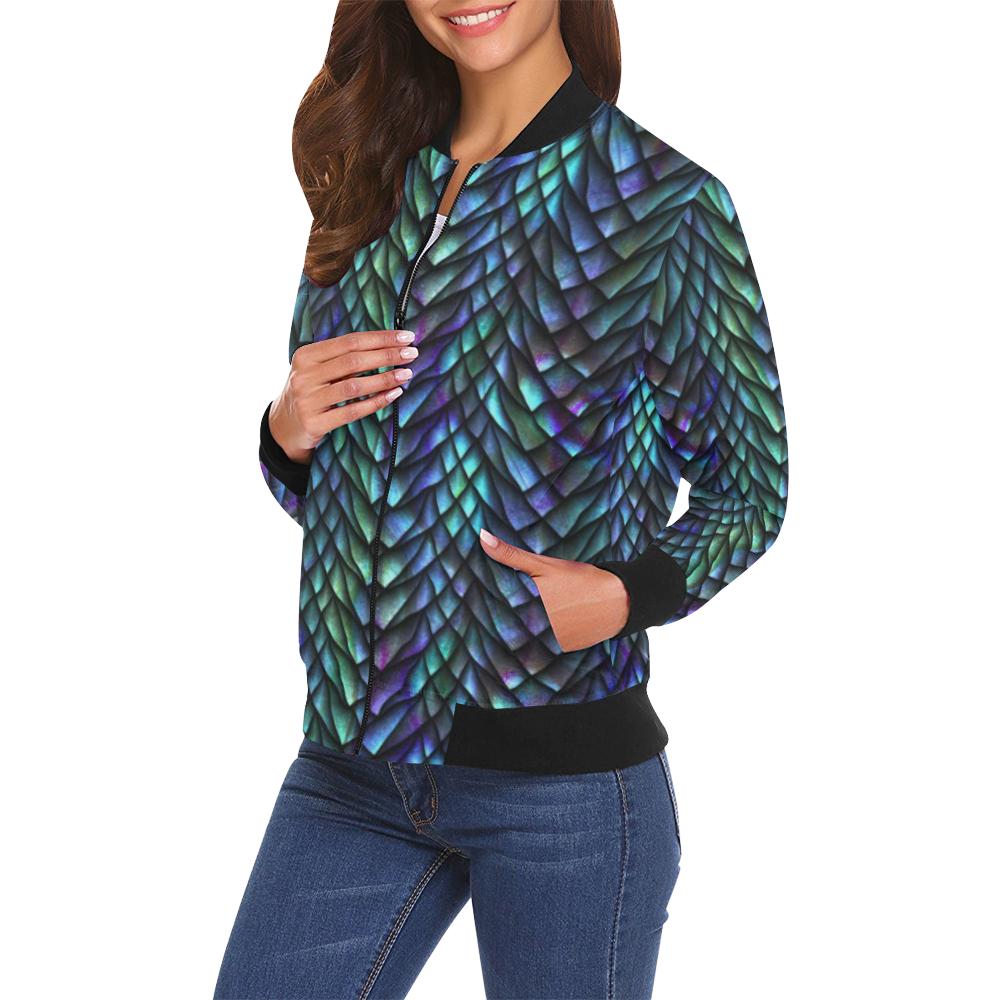 Blue Green Egg Skin Dragon Pattern Print Women Casual Bomber Jacket-grizzshop