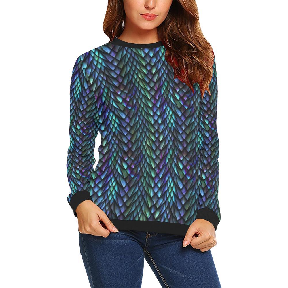 Blue Green Egg Skin Dragon Pattern Print Women Crewneck Sweatshirt-grizzshop