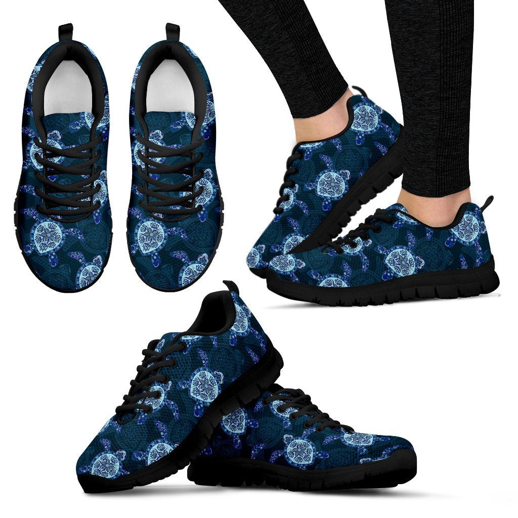 Blue Hawaiian Sea Turtle Pattern Print Black Sneaker Shoes For Men Women-grizzshop