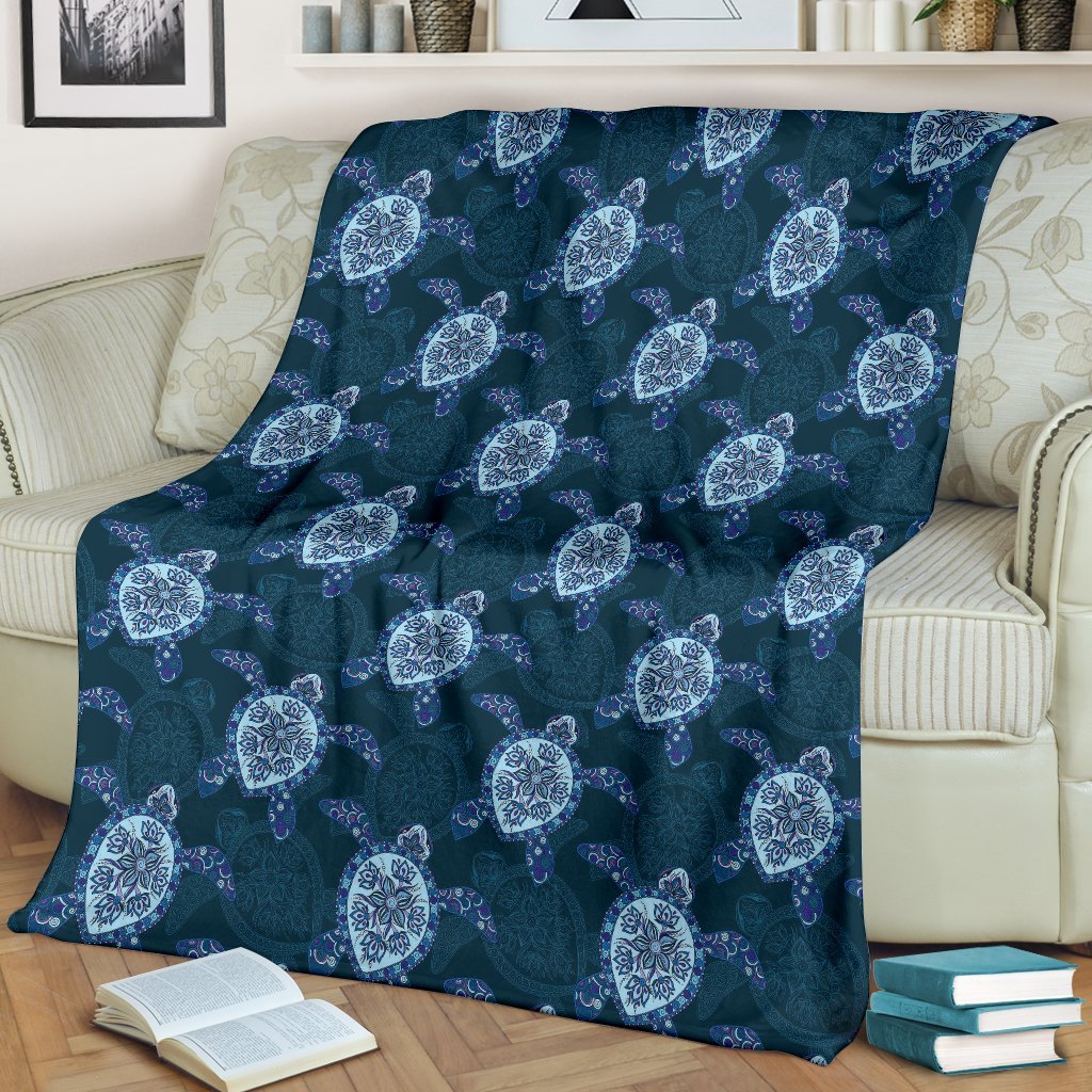 Blue Hawaiian Sea Turtle Pattern Print Blanket-grizzshop