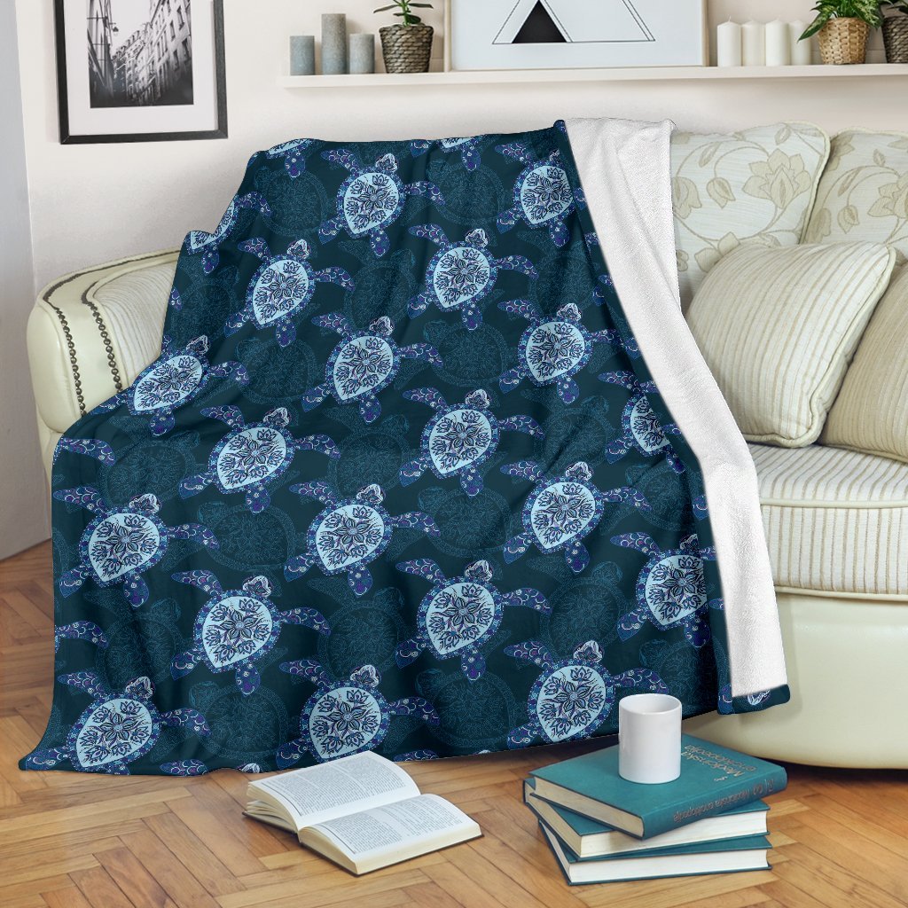 Blue Hawaiian Sea Turtle Pattern Print Blanket-grizzshop