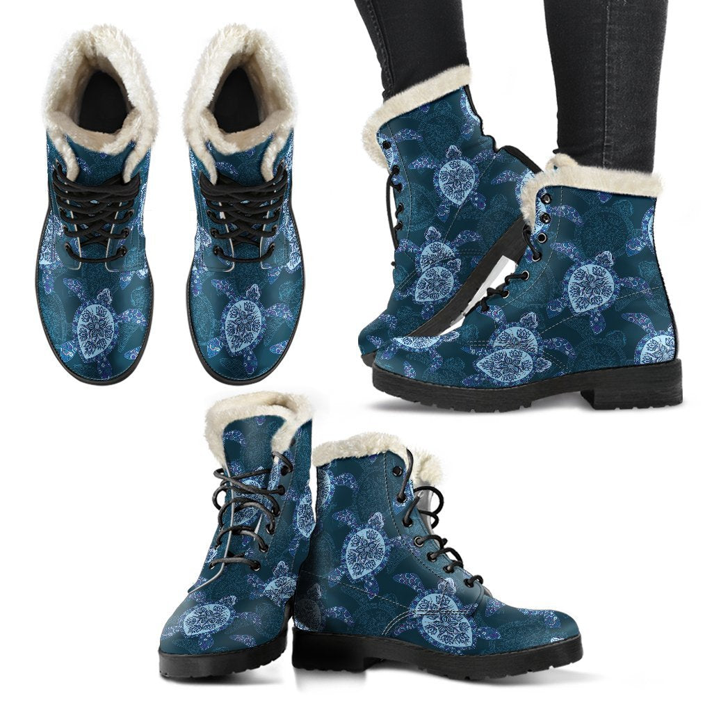 Blue Hawaiian Sea Turtle Pattern Print Comfy Winter Boots-grizzshop