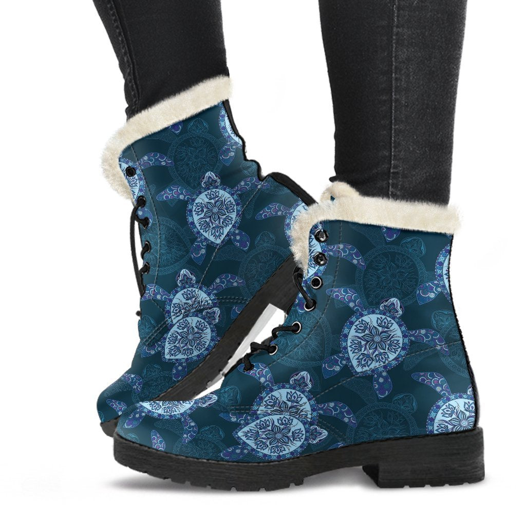 Blue Hawaiian Sea Turtle Pattern Print Comfy Winter Boots-grizzshop