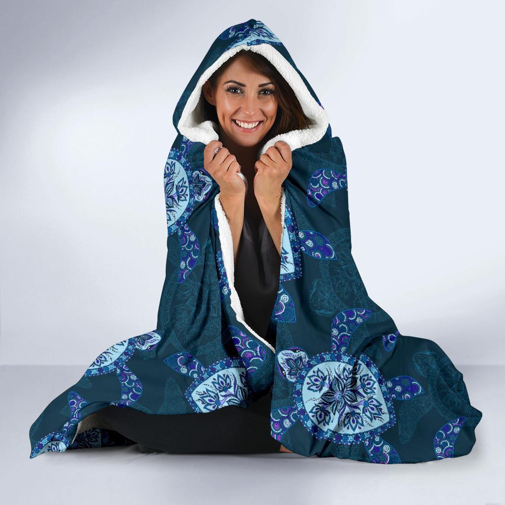 Blue Hawaiian Sea Turtle Pattern Print Hooded Blanket-grizzshop