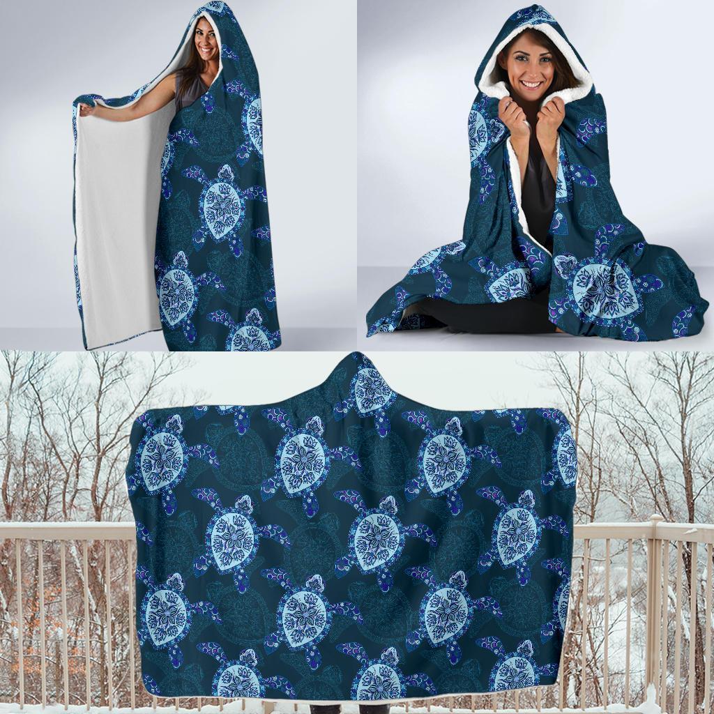 Blue Hawaiian Sea Turtle Pattern Print Hooded Blanket-grizzshop