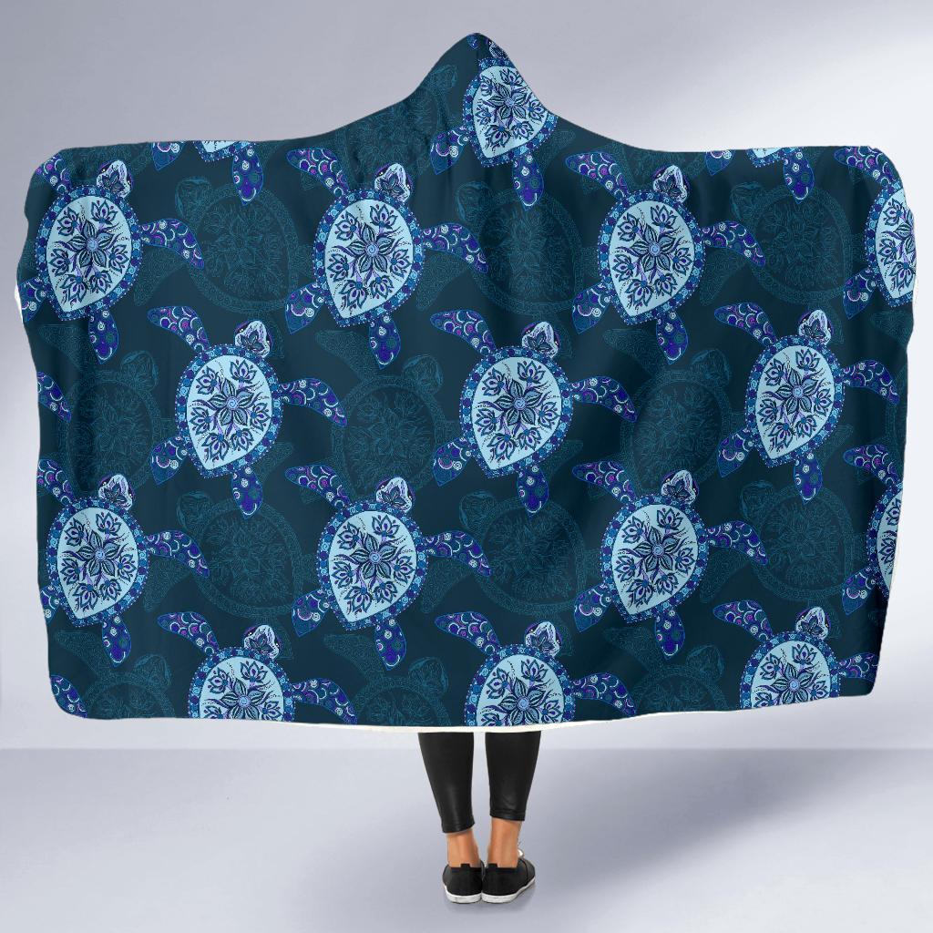 Blue Hawaiian Sea Turtle Pattern Print Hooded Blanket-grizzshop