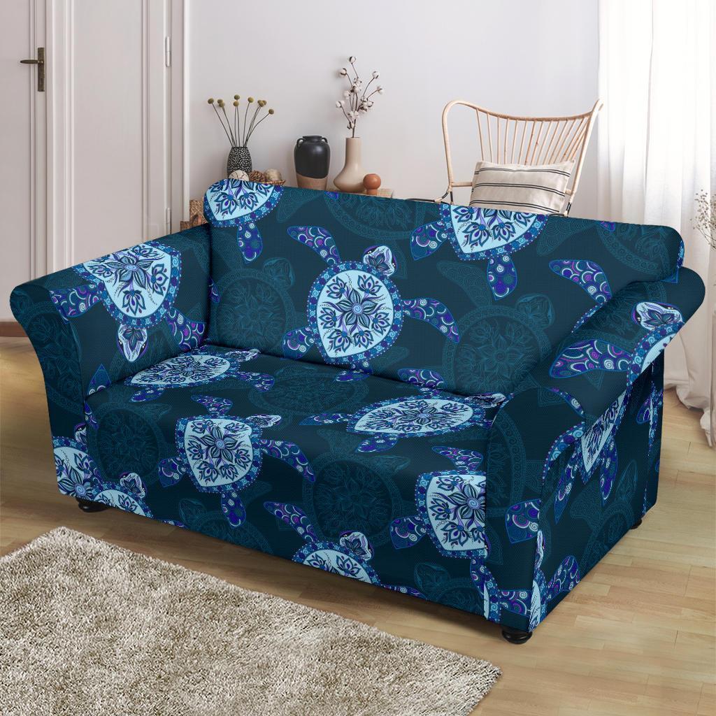 Blue Hawaiian Sea Turtle Pattern Print Loveseat Cover-grizzshop